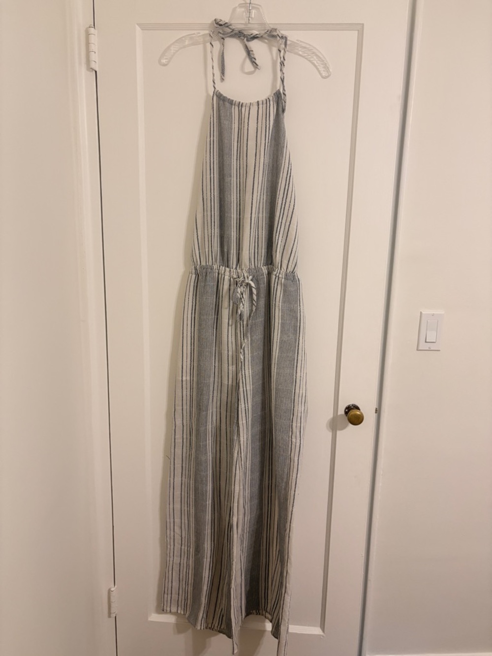 Aakaa Striped Halter Wide-Leg Jumpsuit in Cream and Gray